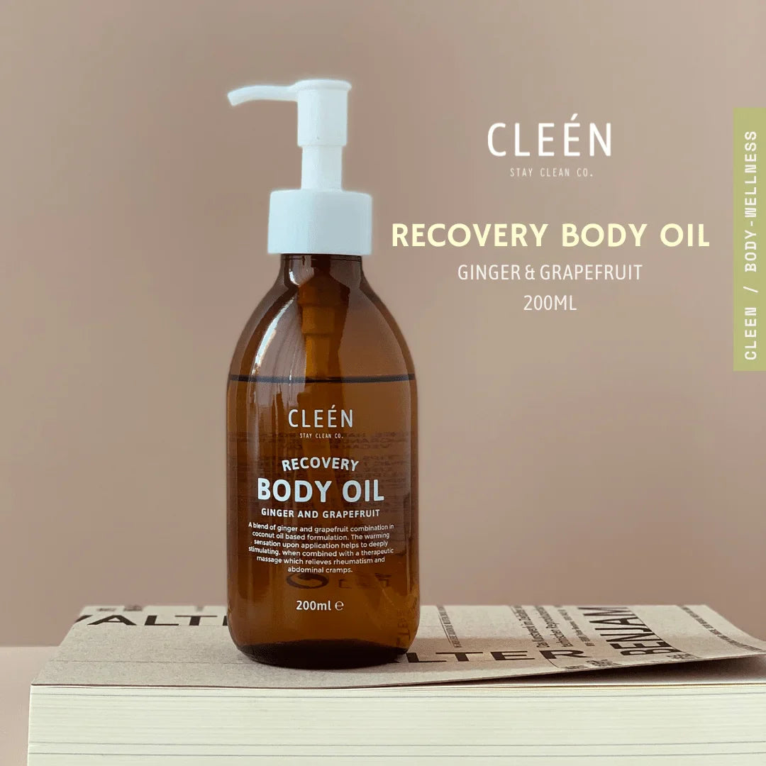 Cleén Recovery Body Oil in a 200ml bottle, designed for soothing relief and relaxation.