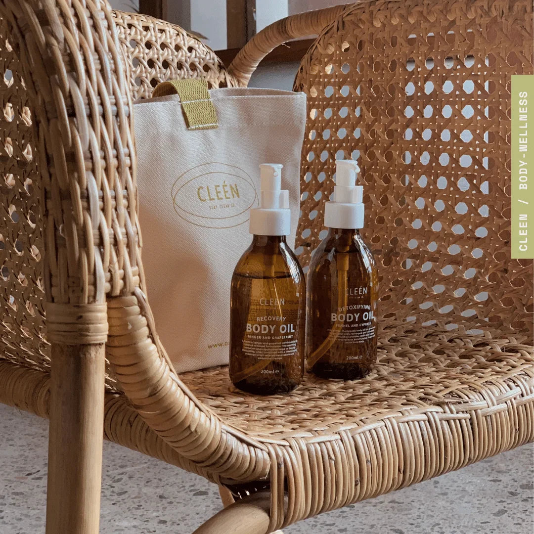 Close-up of Cleén Recovery Body Oil highlighting its warming sensation upon application.